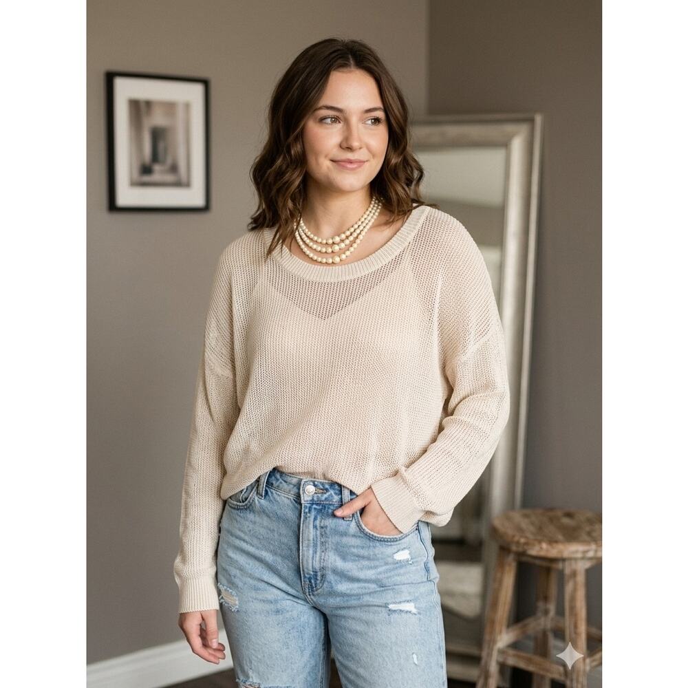Guess Mesh Knit Sweater Ivory Open Stitch Lightweight Pullover Coquette XL